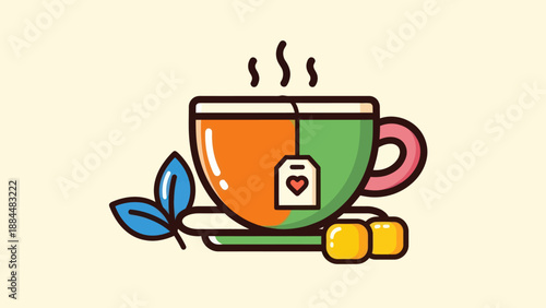 Colorful tea cup illustration with tea bag and blue leaf on light background