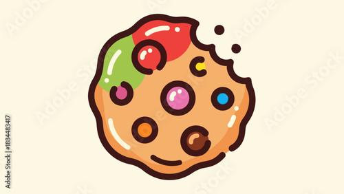 Delicious bitten cookie with colorful candies isolated on neutral background