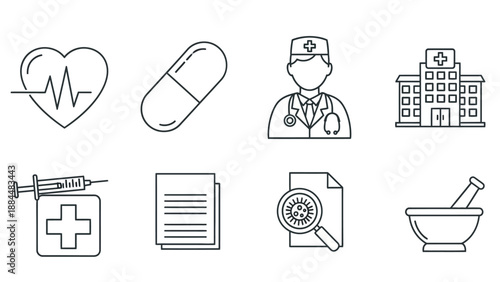 Set of medical icons representing healthcare and science concepts.