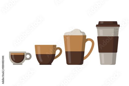 Coffee Cups in Various Sizes with Brown and White Colors and Foam Topping
