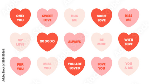 Cute candy hearts collection with romantic messages. Hearts with love inscriptions. Valentine's day elements. Flat vector illustration