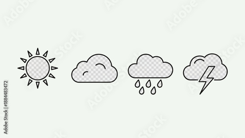 Set of Weather Icons Sun Cloud Rain Lightning.