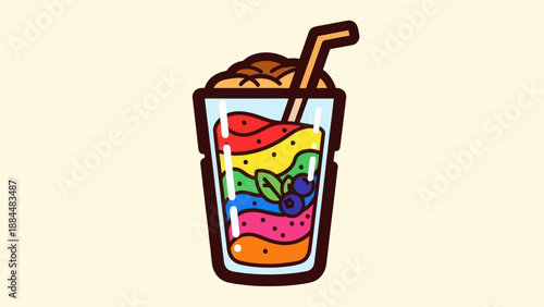 Colorful smoothie illustration rainbow layers and straw on light background