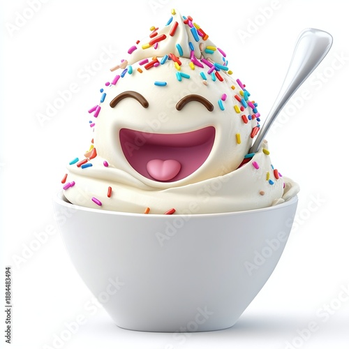 Delightful vanilla soft serve ice cream emoji character topped with colorful sprinkles served in a white bowl with a spoon ready for enjoyment