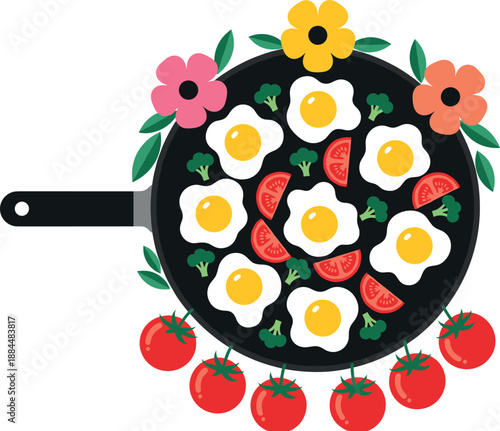 Cute frying pan with sunny side up eggs, tomatoes and flowers, breakfast cooking concept flat vector illustration