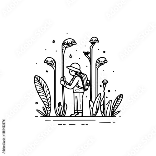 Illustration of a botanist exploring pitcher plants in nature with backpack and hat in black and white art