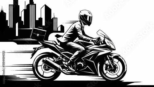 Man in suit riding a sport motorcycle with delivery box.
