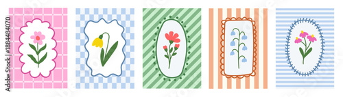 Floral set of cute hand drawn flowers in frames on striped and checkered background. Botanical simple shapes design. Trendy design for cards, print, kitchen, branding, decoration