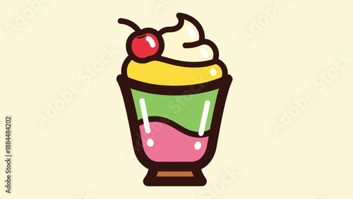 Colorful layered dessert in glass with whipped cream and cherry topping