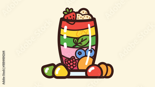 Colorful layered fruit smoothie illustration on white background healthy eating