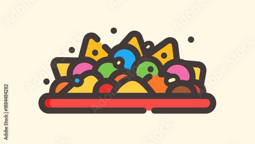Colorful nachos illustration with ingredients served on red plate background