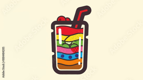 Colorful layered fruit drink illustration with straw and cherries on top