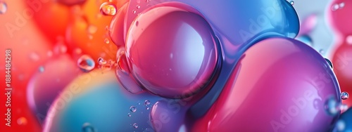 Macro close up of colorful liquid droplets and organic bubble shapes showing glossy reflections with soft pink purple and blue tones in fluid artistic composition for modern wallpaper design decor