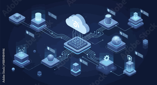 Cloud computing network infrastructure with data storage and processing nodes connected