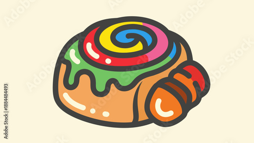 Colorful illustration of a sweet cinnamon roll with icing and swirls