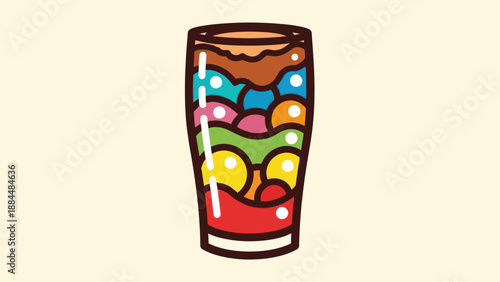Colorful layered beverage illustration in a tall glass against a neutral background