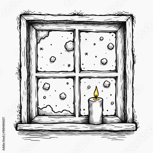 Candle burning on windowsill with snow-covered panes in winter  