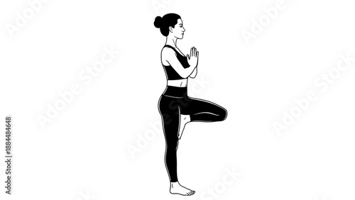Woman Practicing Yoga Standing on One Leg.