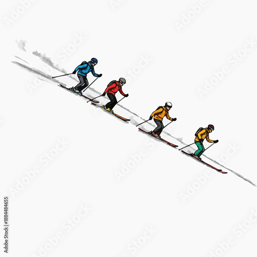 Group of skiers descending a slope in vibrant winter attire  