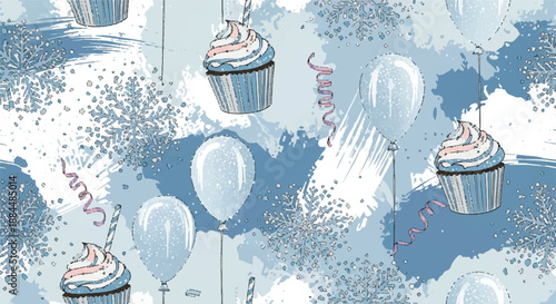 Winter Birthday Seamless Pattern with Blue Cupcakes Balloons and Shimmering Snowflakes