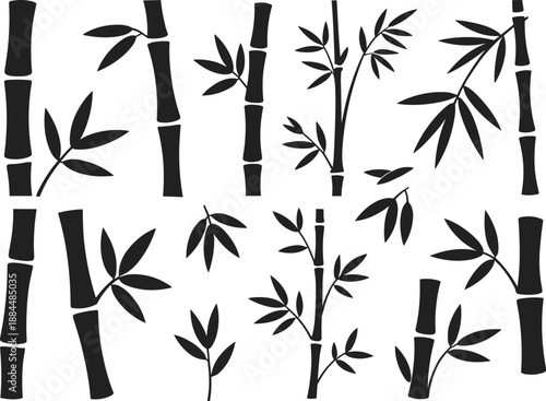 Minimal bamboo silhouettes collection isolated on white background, black botanical vector elements with leaves and stems, natural design set for eco branding, Asian decor, pattern creation