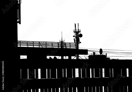 Bold black and white stencil style urban apartment block silhouette with graphic windows on the transparent background