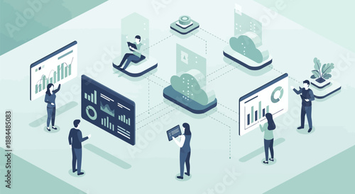 Business people analyze data on various digital devices in modern office environment with graphs