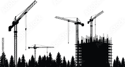Silhouette of tower cranes constructing high rise building over forest skyline, industrial construction site, urban development concept, infrastructure growth, engineering progress