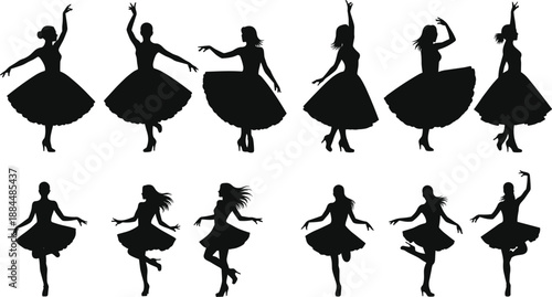 Elegant vector silhouette set of women dancing in vintage dresses and high heels for ballroom dance posters, theater performance flyers, and retro lifestyle branding.
