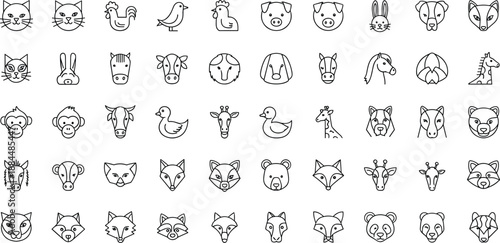 Animal Line Icon Set Featuring Pets Wildlife Farm Animals And Forest Creatures Including Cats Dogs Birds Giraffes And Pandas For Veterinary Nature And Children Design