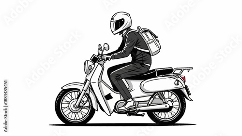 Man riding a vintage scooter with a backpack.