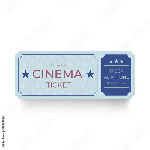 Cinema ticket isolated on white background. Vector ticket template for movie events, film festivals, invitations, posters, and entertainment design.