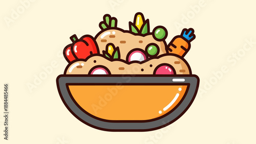 Colorful illustration of a food bowl filled with vegetables and grains