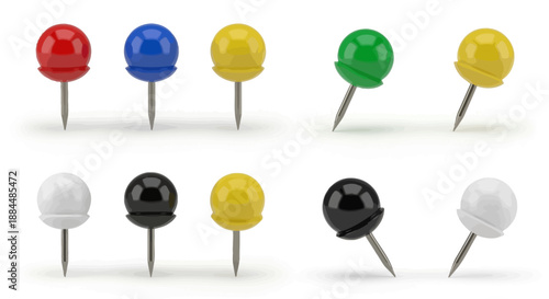 Colorful push pins arranged in two rows on white background for office supplies