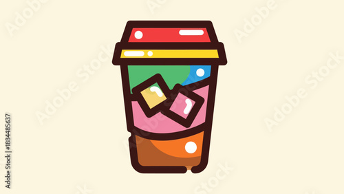 Colorful iced drink illustration with ice cubes and lid on beige background