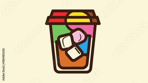Colorful iced drink illustration with ice cubes and lid for refreshment