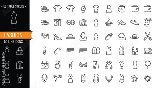 Fashion and Apparel Line Icon Set Featuring Clothing Accessories Beauty Products Tailoring Tools And Retail Shopping Symbols For Style And Boutique Design