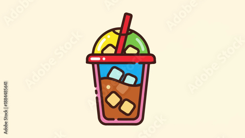 Colorful iced beverage illustration with ice cubes and straw against a light backdrop
