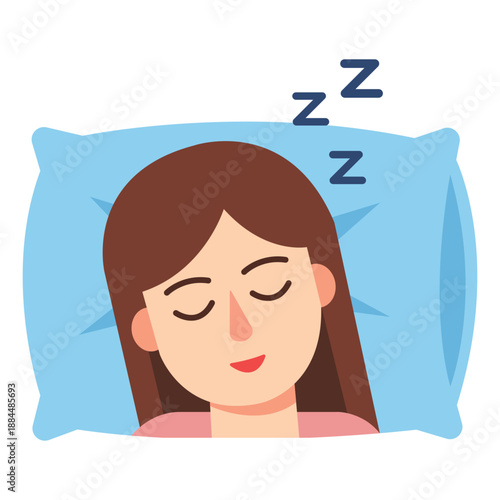 Sweet Slumber: A serene scene of a person deeply asleep, with closed eyes, resting peacefully on a soft pillow, the 'z's' above her head symbolizing the calm of a restful night.