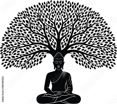 Buddha meditating under sacred tree silhouette, spiritual enlightenment, mindfulness and inner peace concept, black and white vector illustration