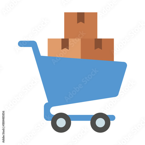 Online Shopping Cart: A graphic illustration of a blue shopping cart, overflowing with stacked cardboard boxes, symbolizes the convenience of online shopping.