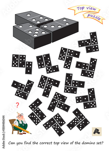 Top view puzzle for smartest. Can you find the correct top view of the domino set? Logic game for children and adults. 3D maze. Brain teaser book. Develop spatial thinking. IQ test. Hand drawn vector