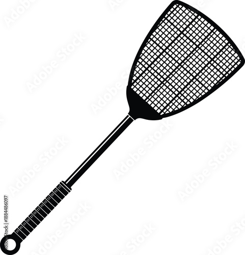 Fly swatter silhouette vector illustration, handheld insect control tool with mesh head, household pest killing equipment icon, black and white design, isolated