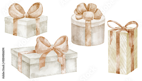 Wallpaper Mural Gift box watercolor clipart set with ribbons in soft neutral beige pastel colors. Illustration of presents for baby shower invitations, childish birthday greeting cards and party design. Torontodigital.ca