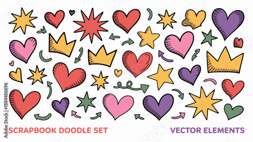 Colorful Hand Drawn Doodle Set of Hearts Stars Crowns and Arrows Keywords: hearts, stars, crowns, arrows, doodles, hand drawn