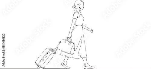 Travel Icon – Minimalist Journey Illustration | traveler silhouette, suitcase pull, handbag carry, walking figure, journey prep, travel symbol, line art