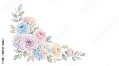 Watercolor floral corner arrangement with roses and hydrangeas