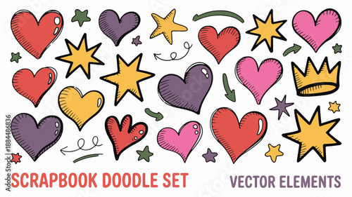 Hand Drawn Doodle Set of Hearts Stars Crowns and Arrows Keywords: hearts, stars, crowns, arrows, doodles, hand drawn, colorful
