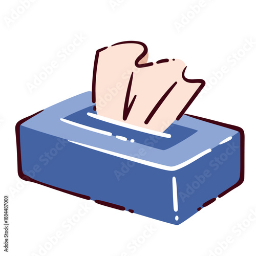 Tissue box with paper napkins, rectangular container with soft tissues, everyday hygiene object for home and office use. Cartoon doodle style, outline vector illustration.