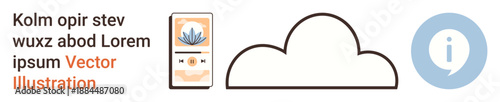 Cloud computing, data storage, information services, eco-friendly technology, digital communication, and network integration. Minimalist cloud with a leaf-decorated device and an information icon